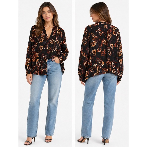 Simply Vera Vera Wang Tops - Simply Vera Vera Wang Blouse WomenXL Black Orange Floral Long Sleeve V-Neck Top